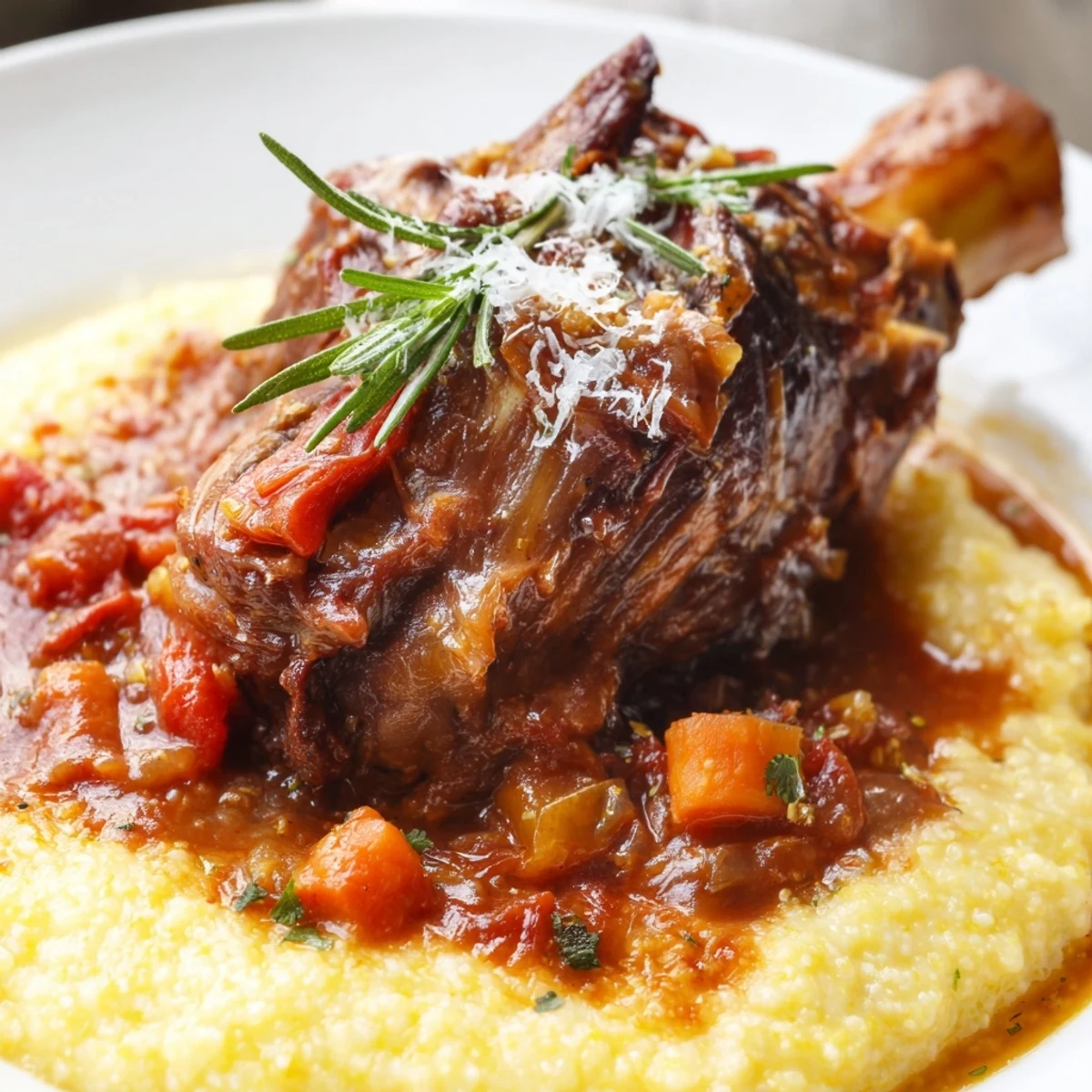 Slow Cooked Lamb Shanks rest on creamy rosemary polenta, with rich braising sauce spooned over the tender meat.