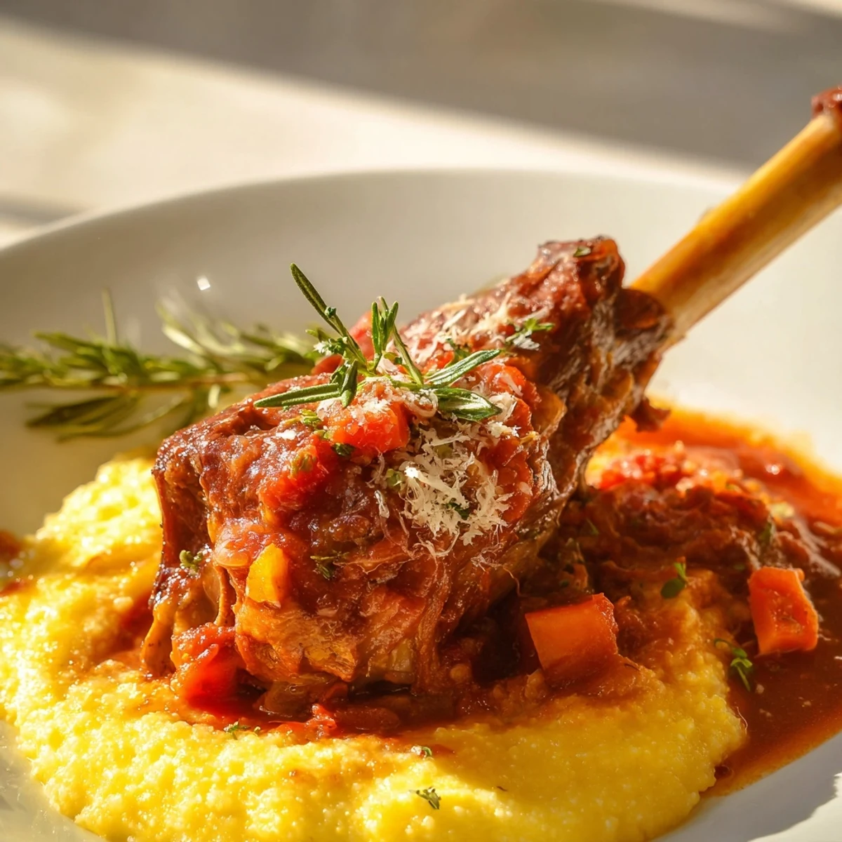 Tender Slow Cooked Lamb Shanks are served over a bed of creamy rosemary polenta, ready to be enjoyed.