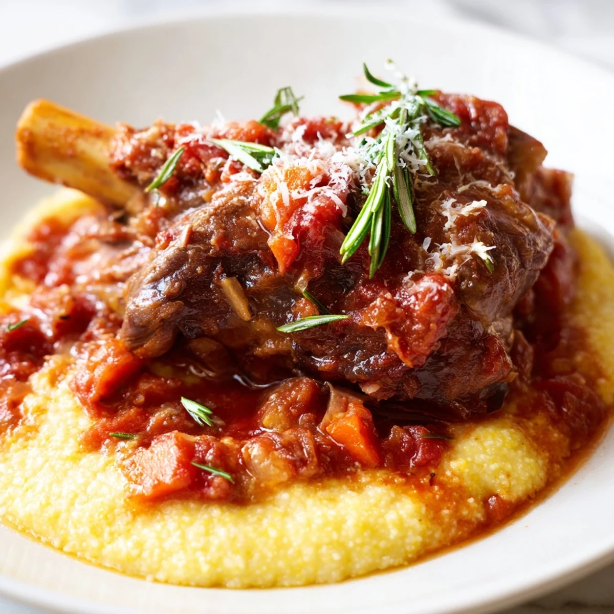 Golden-brown Slow Cooked Lamb Shanks sit beside buttery rosemary polenta, topped with fresh herbs in an elegant dish.