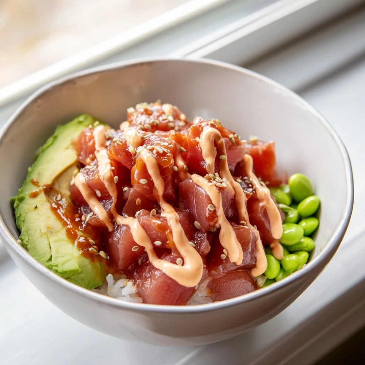 A close-up view of a spicy tuna poke bowl featuring marinated raw tuna, edamame, pickled ginger, and nori strips, ready to be mixed with spicy mayo for a flavorful meal.