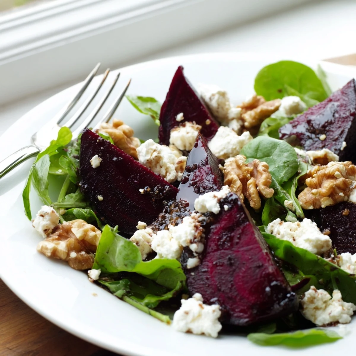 Overhead view of Roasted Beet and Goat Cheese Salad with Walnuts featuring toasted nuts and a drizzle of balsamic vinaigrette.