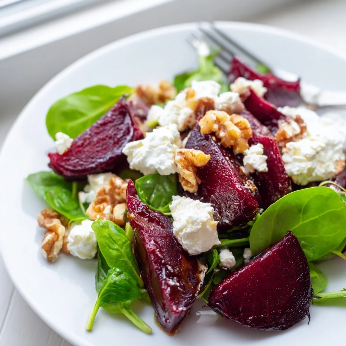 Sliced roasted beets and crumbled goat cheese top fresh greens in this Roasted Beet and Goat Cheese Salad with Walnuts.