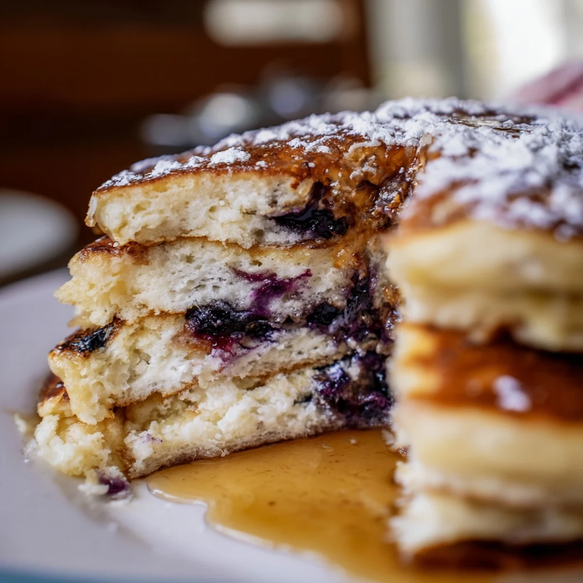 A skillet of freshly cooked Lemon Blueberry Ricotta Pancakes topped with blueberries and a lemon wedge.