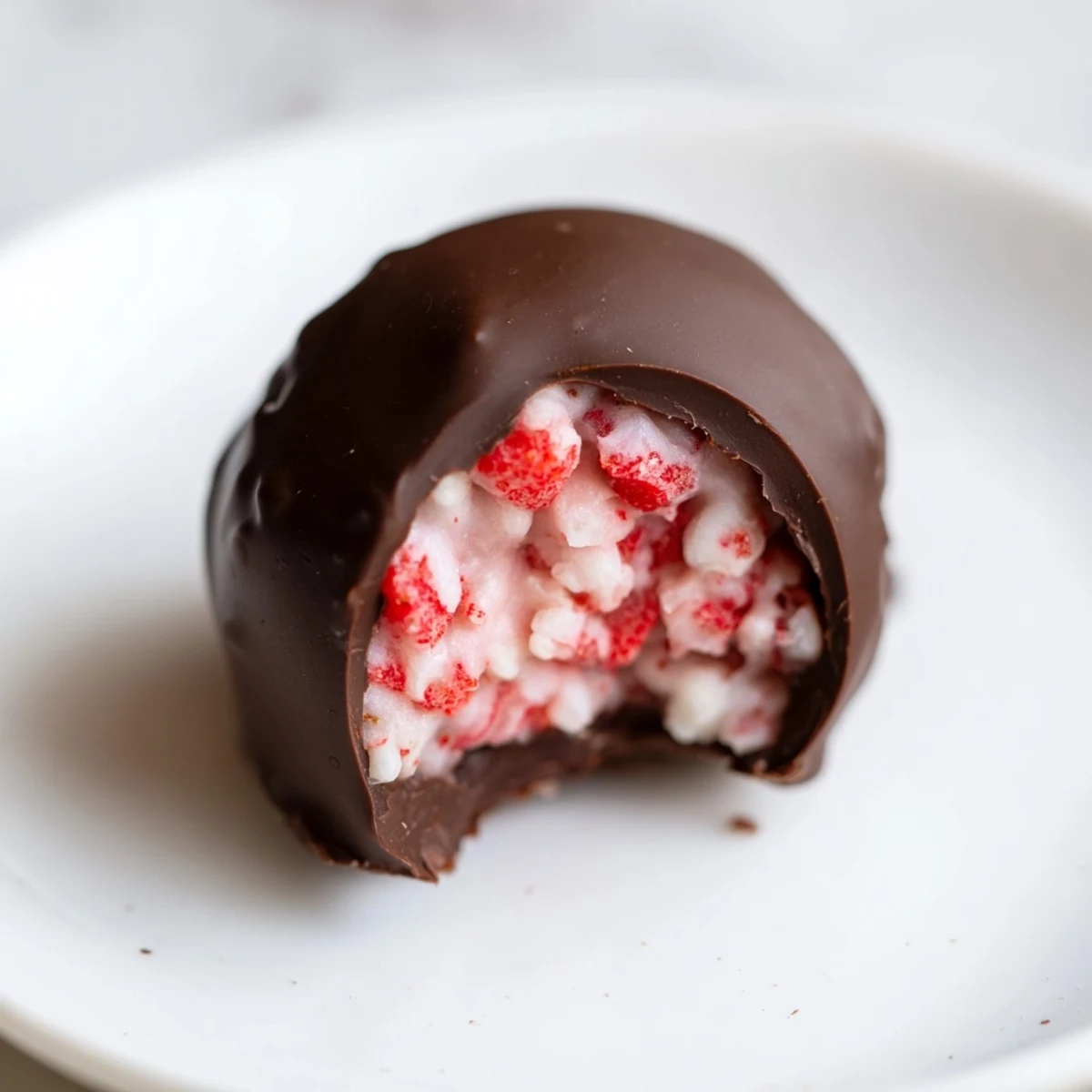 Frozen Chocolate Covered Strawberry Yogurt Clusters in clusters, showing a crisp chocolate shell, perfect for an easy gluten-free snack or dessert.