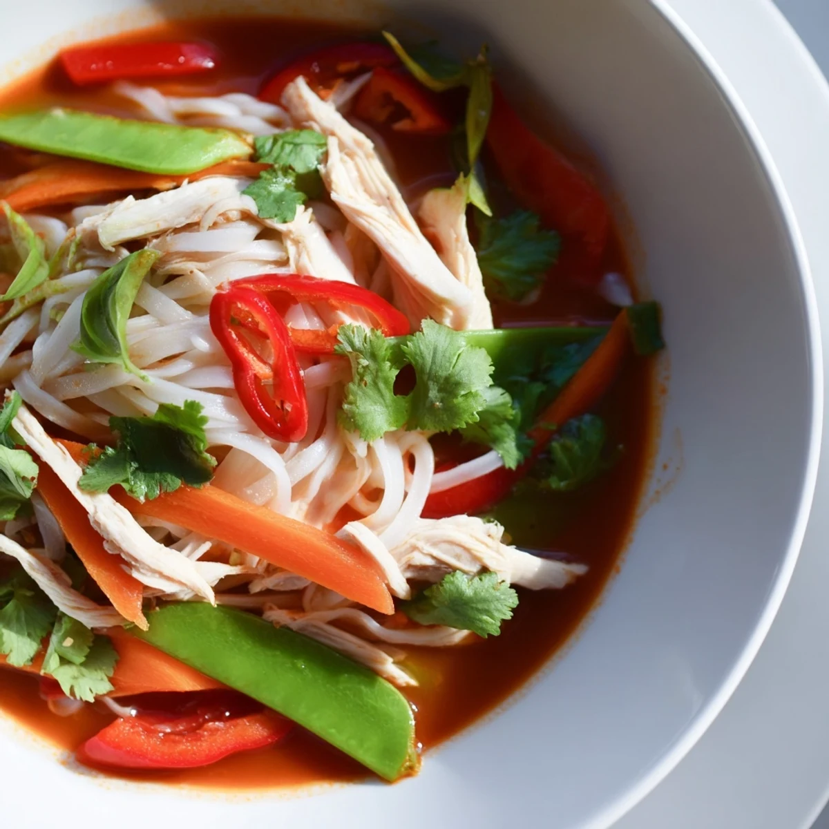 Steaming Thai Red Curry Noodle Soup with Chicken is served in a white bowl, garnished with fresh cilantro and lime.