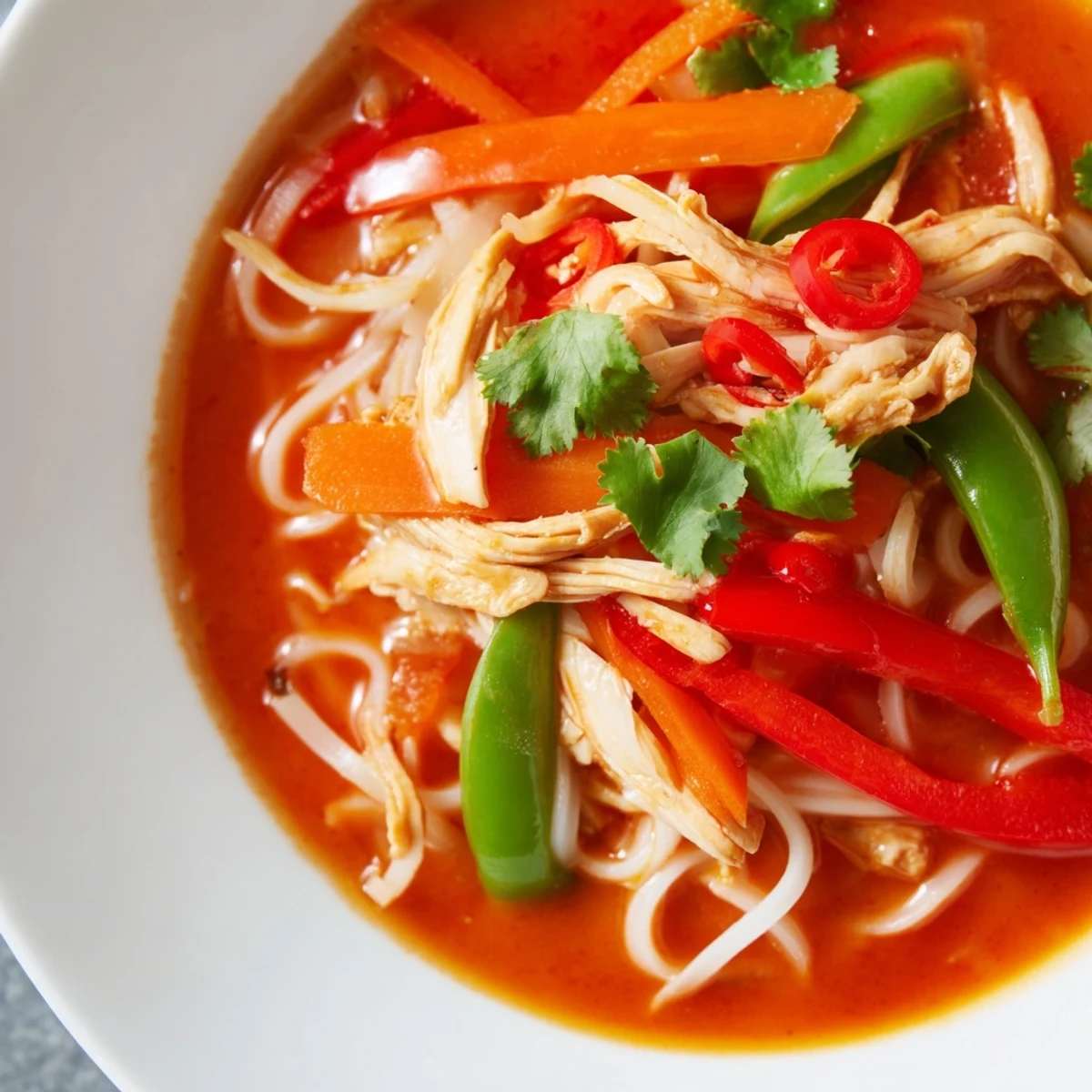 A bowl of Thai Red Curry Noodle Soup with Chicken features tender chicken, rice noodles, and vibrant red peppers.
