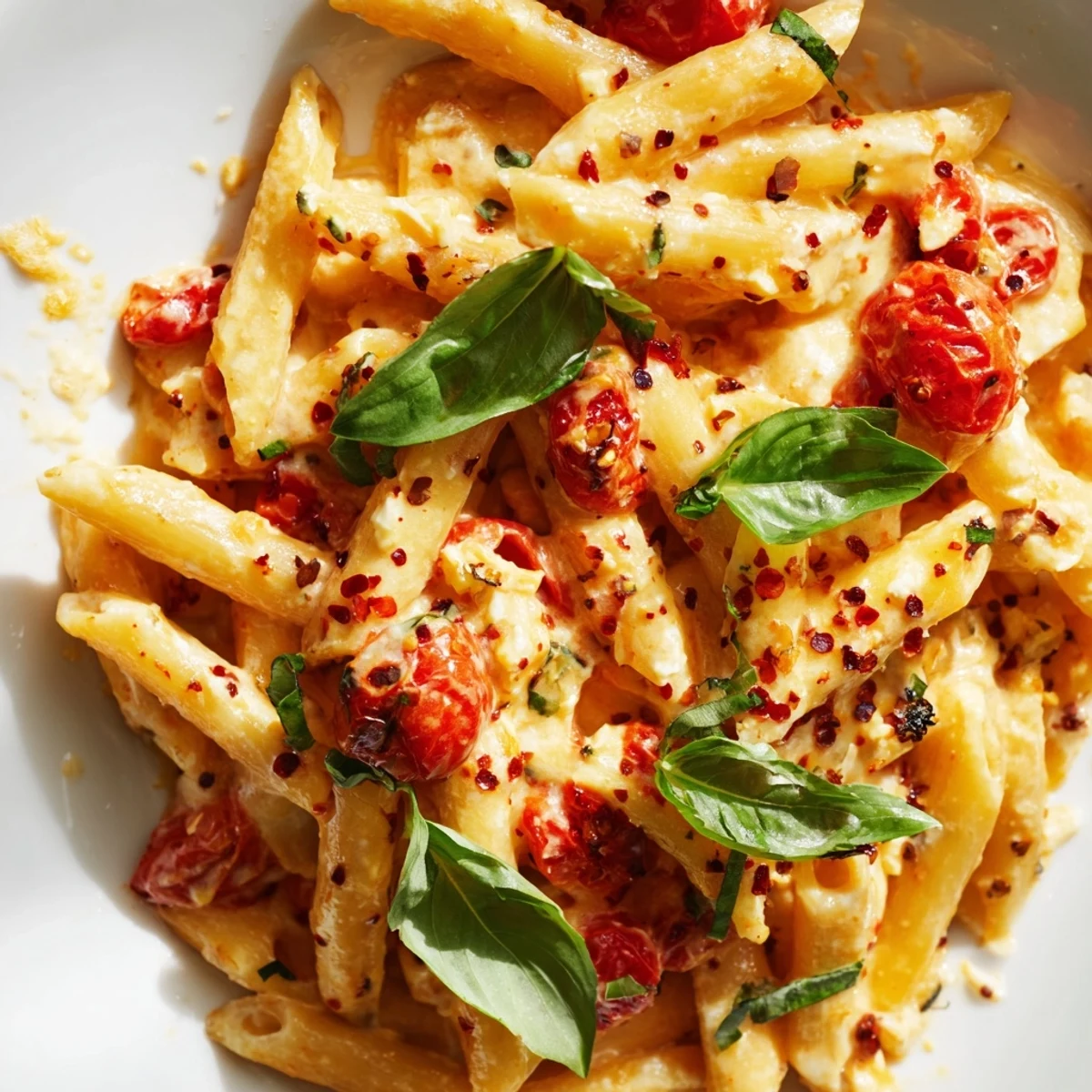 Fork-mashed roasted cherry tomatoes and golden feta create a creamy sauce for this Baked Feta Pasta with Cherry Tomatoes and Basil, tossed with penne and fresh herbs.