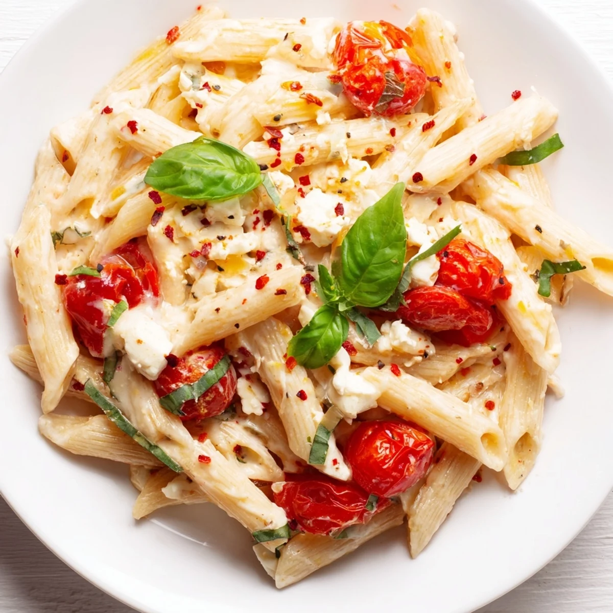 Serve this Baked Feta Pasta with Cherry Tomatoes and Basil garnished with torn fresh basil, a drizzle of olive oil, and optional red pepper flakes.