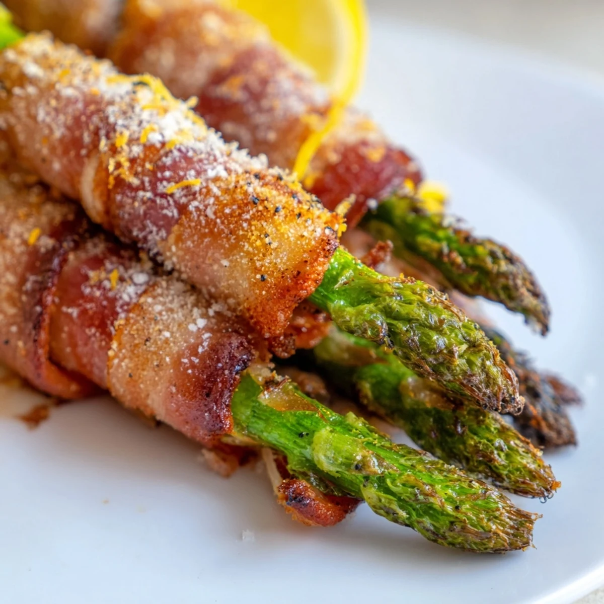 Crispy Beef Bacon Wrapped Asparagus Bundles roasted to golden perfection on a rustic wooden board.