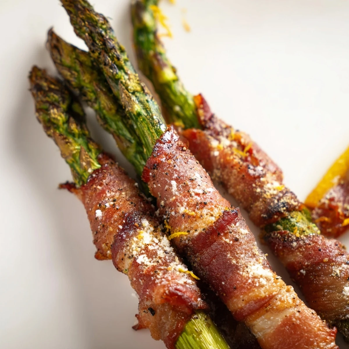 Golden Crispy Beef Bacon Wrapped Asparagus Bundles garnished with fresh lemon zest and Parmesan.