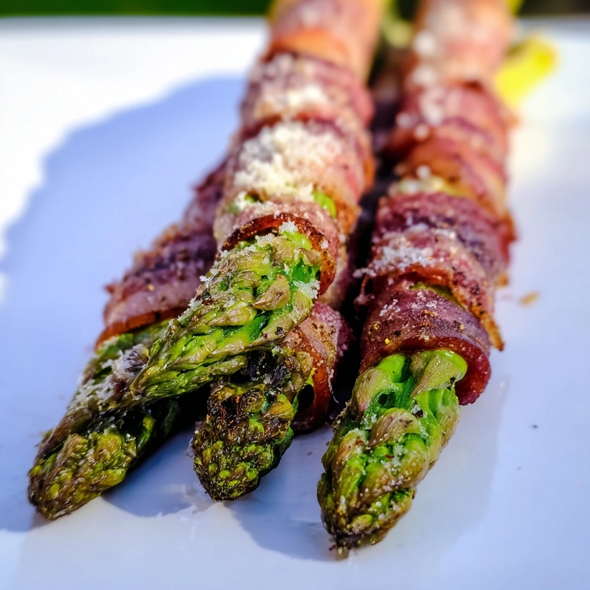 Tender asparagus bundles wrapped in savory beef bacon served on a white plate.