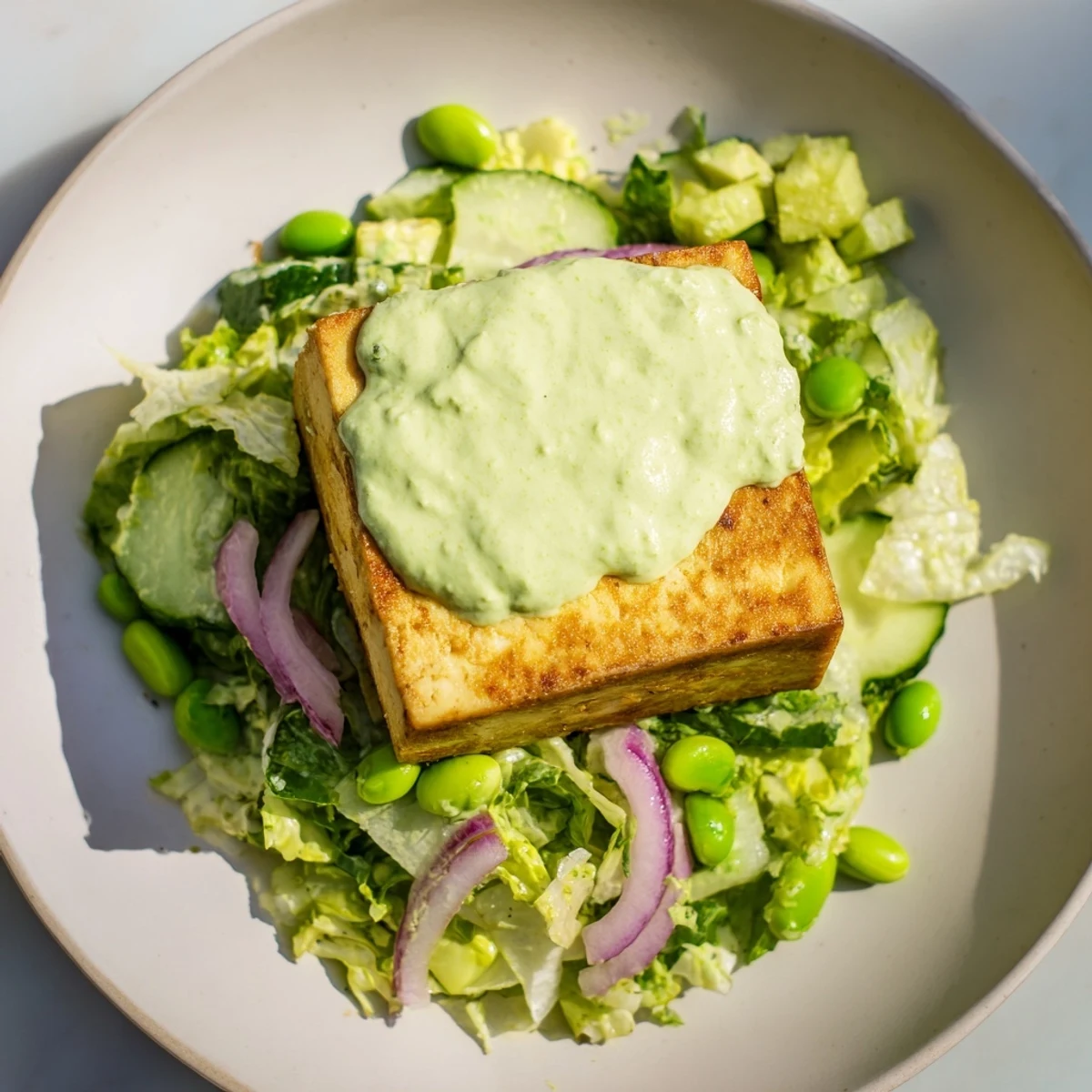 A close-up of the Green Goddess Salad reveals diced avocado and crispy baked tofu over crunchy lettuce and fresh herbs.
