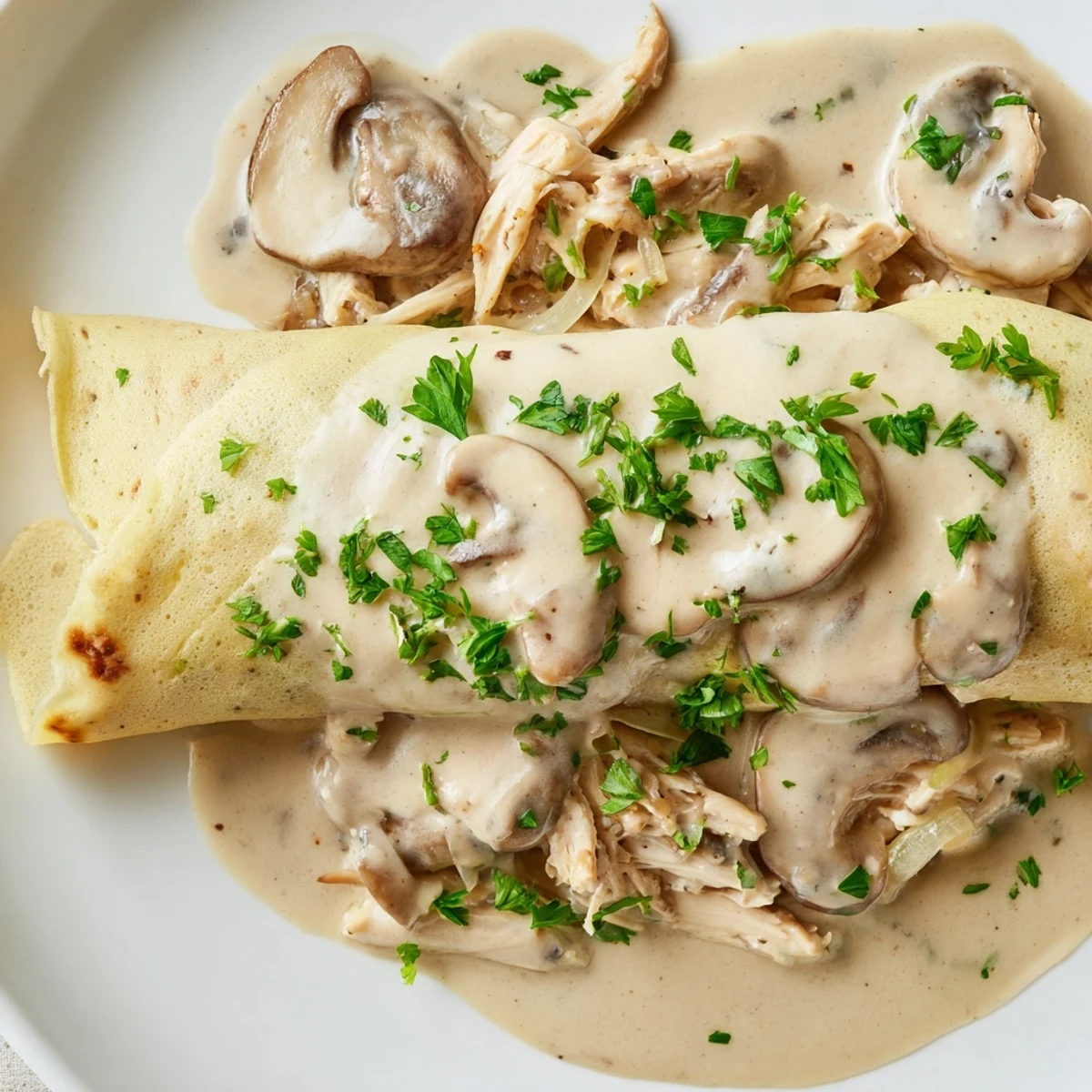 Golden-brown crêpes filled with creamy chicken and mushroom sauce garnished with parsley.