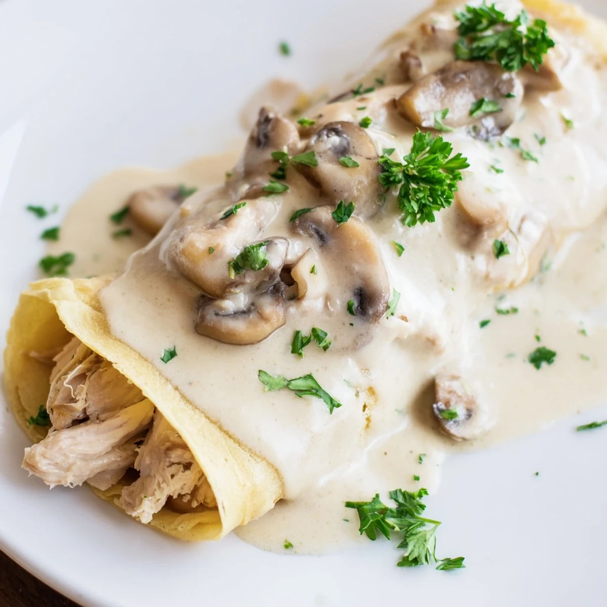 French chicken crêpes with mushroom sauce, fresh parsley garnish, ready to serve.