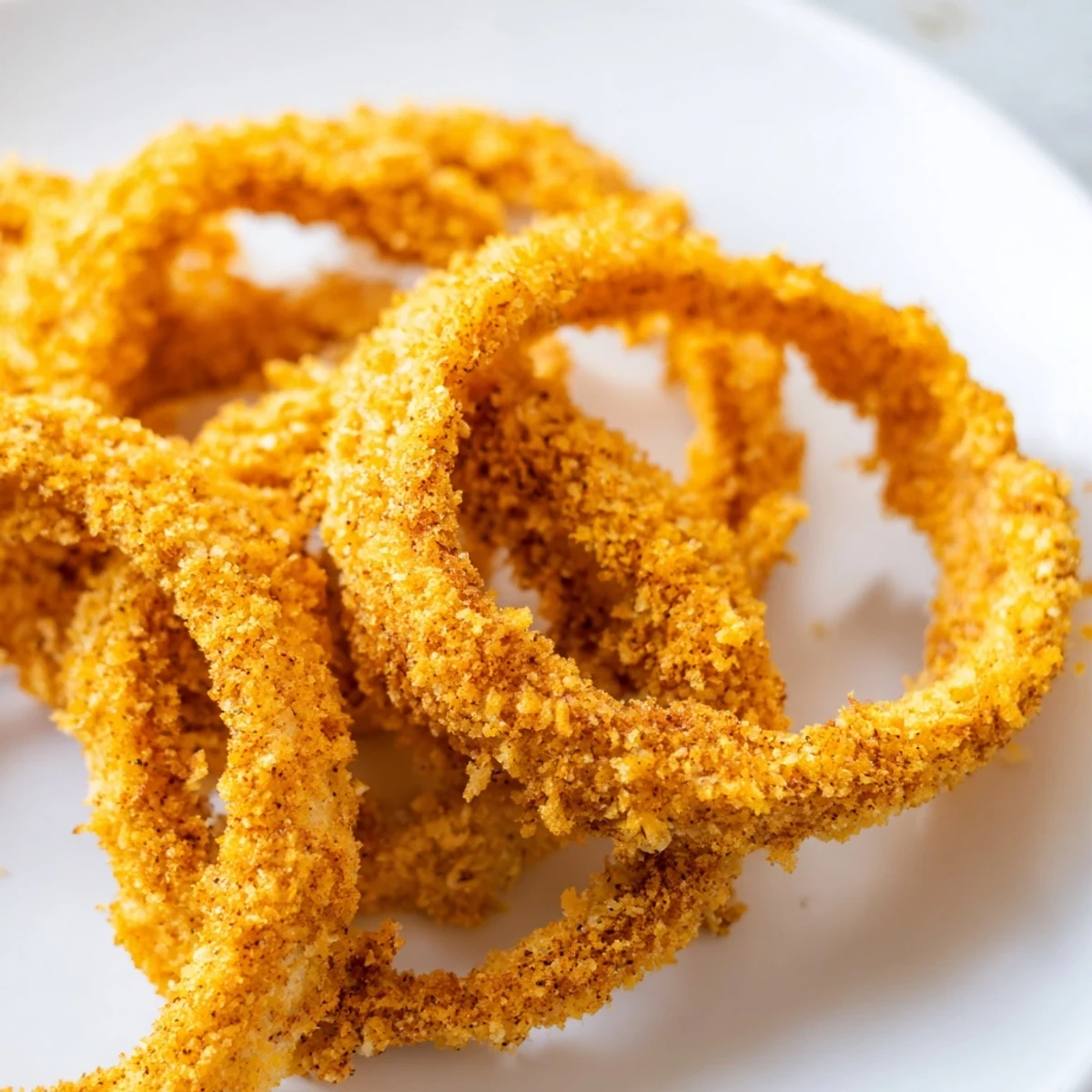 Freshly baked Crispy Baked Onion Rings with Breadcrumbs arranged on parchment with a sprinkle of smoked paprika.