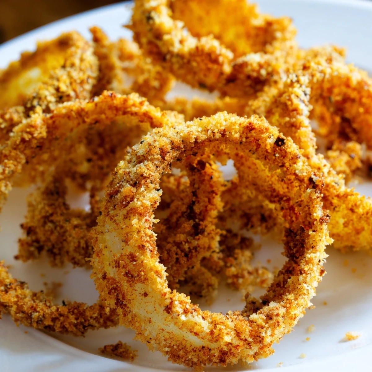 Crispy Baked Onion Rings with Breadcrumbs on a plate with a small bowl of creamy ranch for dipping.