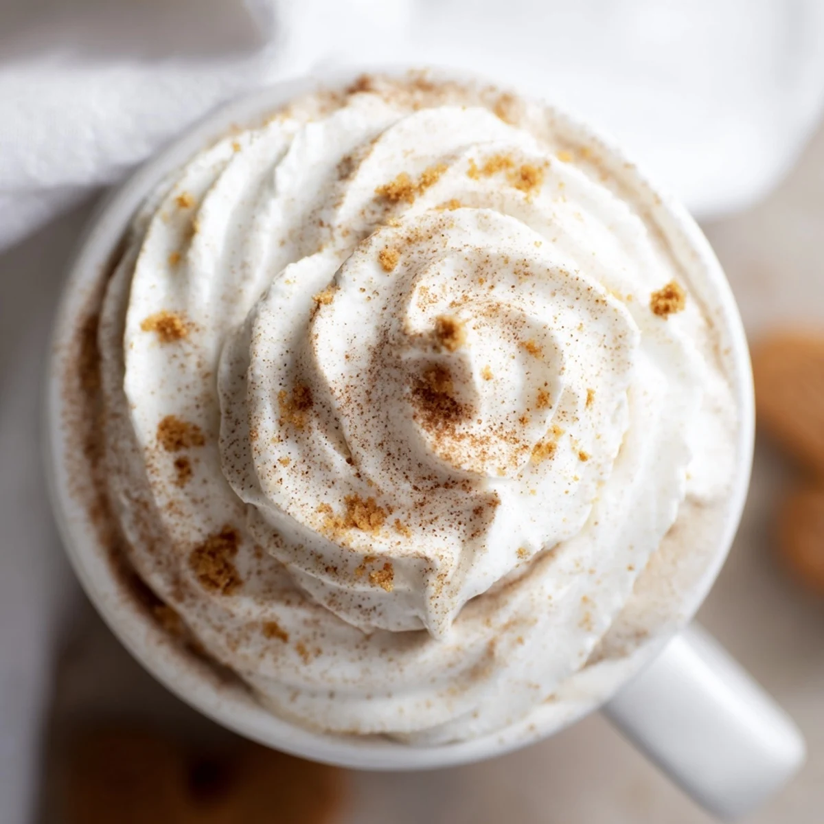 Frothy gingerbread latte with whipped cream and cinnamon dusting in a cozy mug.