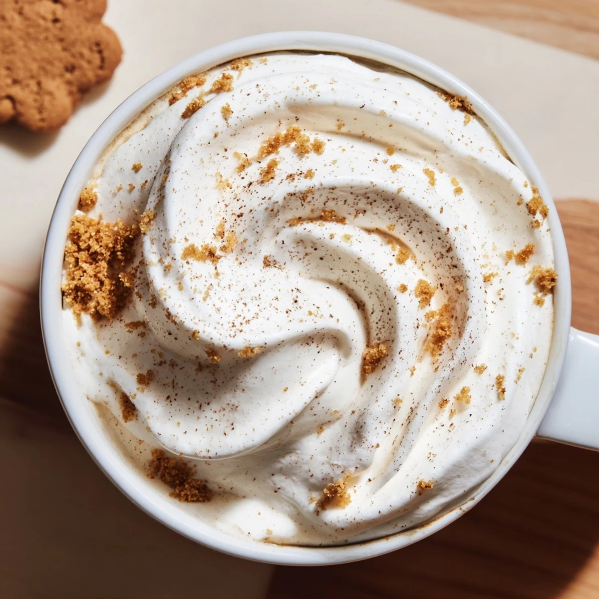 A steaming gingerbread latte with a dollop of whipped cream beside holiday decorations.