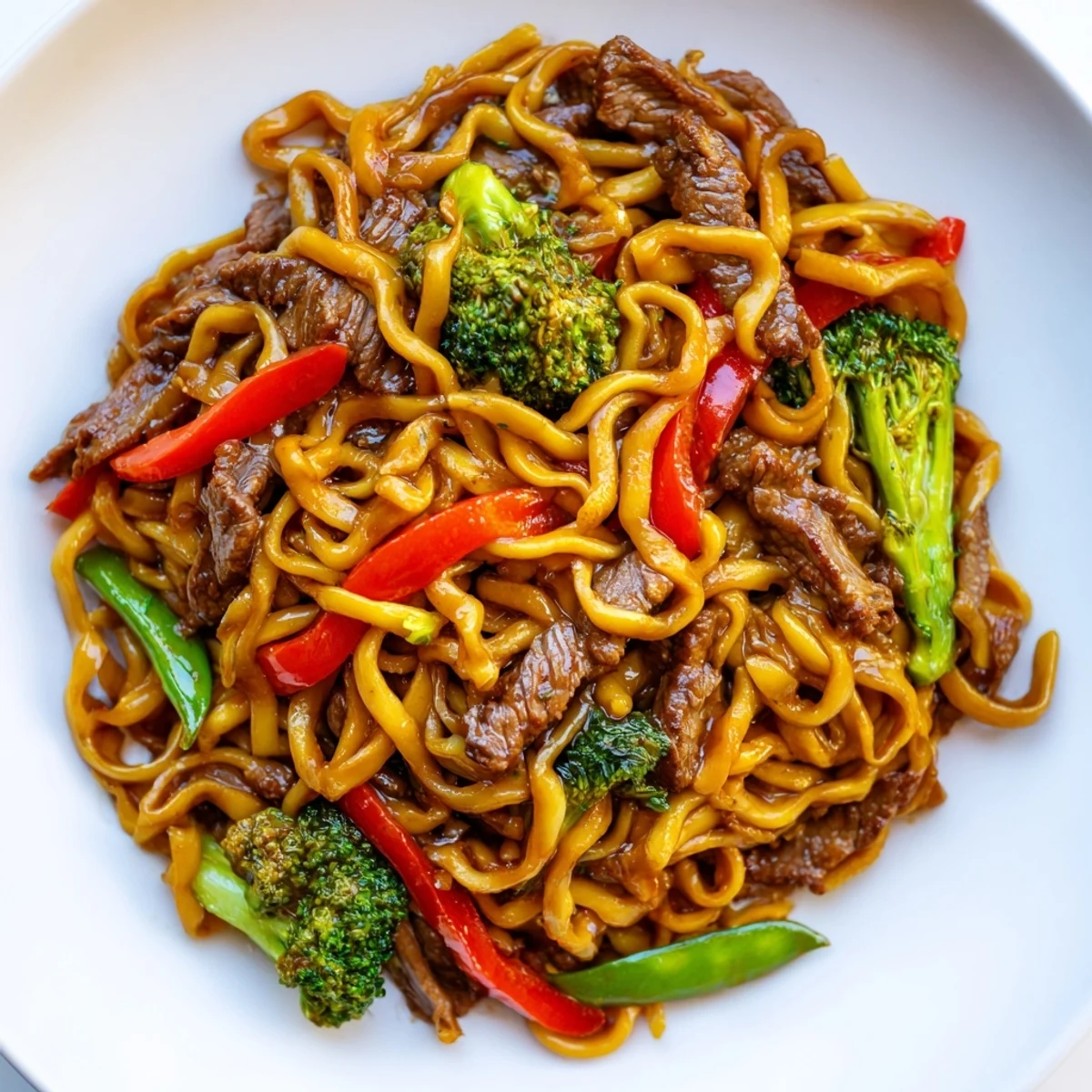 Freshly cooked Beef and Vegetable Stir Fry with Noodles shows crisp bell peppers and tender beef in a rich, glossy sauce.