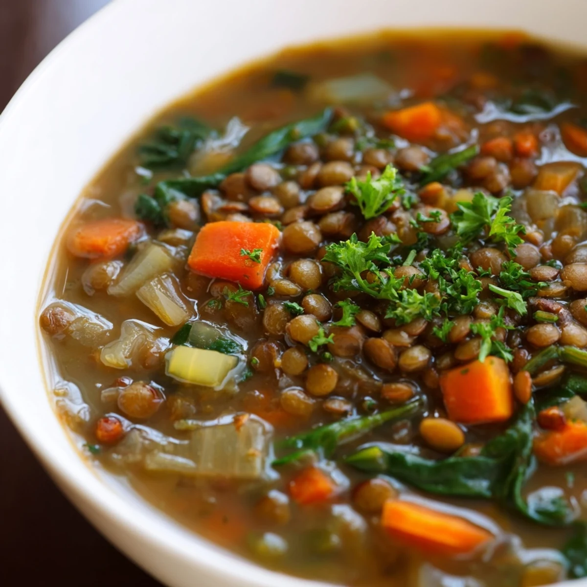 Hearty Lentil Soup with Spinach and Lemon steaming in a white bowl, garnished with fresh parsley and lemon wedges for a bright finish.
