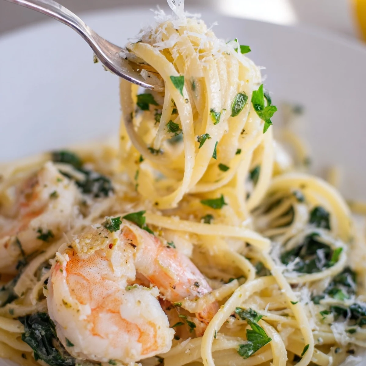 Freshly cooked linguine tossed with juicy shrimp, wilted spinach, and a bright lemon garlic butter sauce in a skillet.