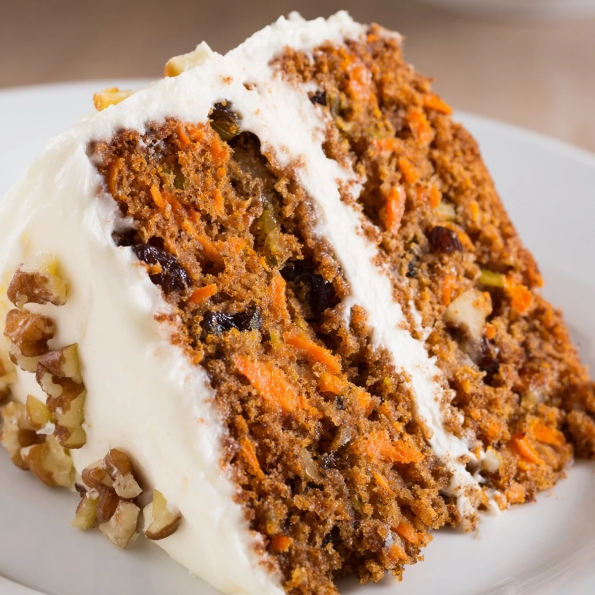 Moist, warmly spiced Spiced Carrot Cake with Cream Cheese Frosting, sliced and served on a rustic plate with a fork.