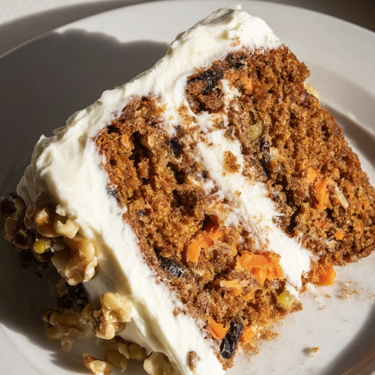 Decadent Spiced Carrot Cake with Cream Cheese Frosting, garnished with chopped pecans and cinnamon, ready for an afternoon tea party.