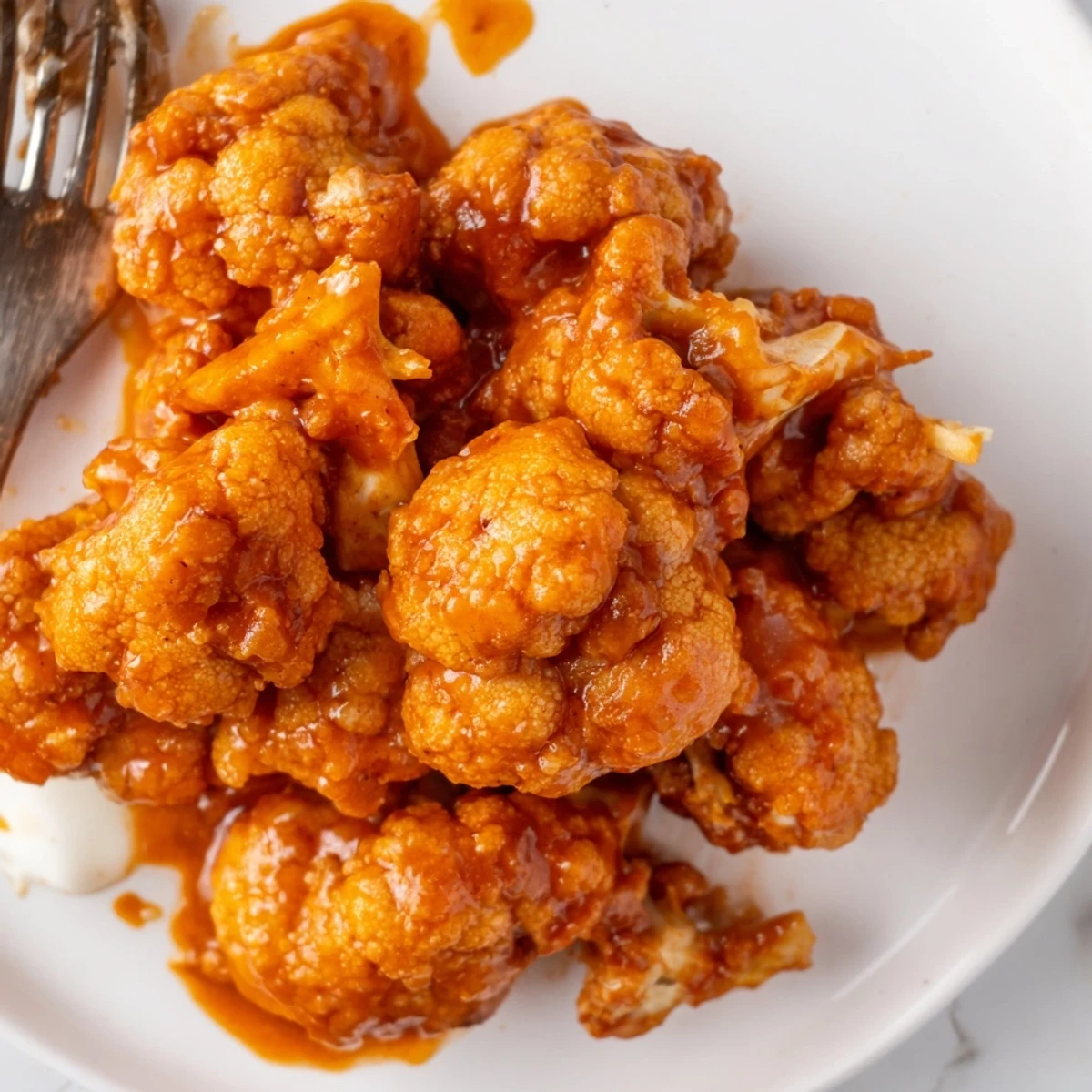 Spicy Air Fryer Buffalo Cauliflower Bites sit crispy on a platter next to crunchy carrots and blue cheese dressing.