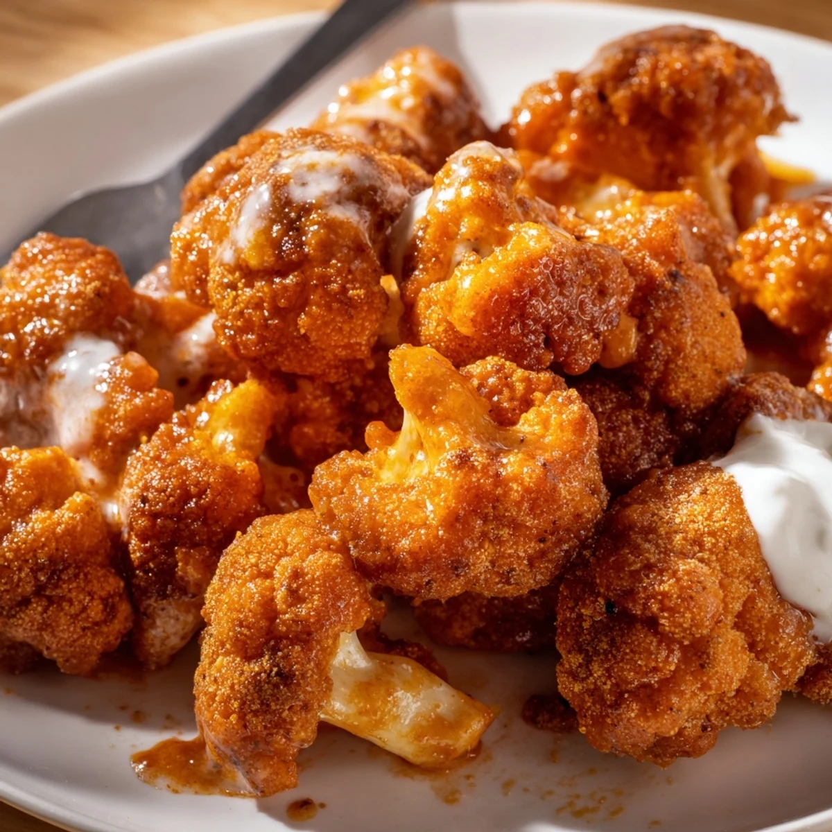 Golden-brown Air Fryer Buffalo Cauliflower Bites glisten with spicy orange sauce, served with creamy ranch dip and fresh celery sticks.