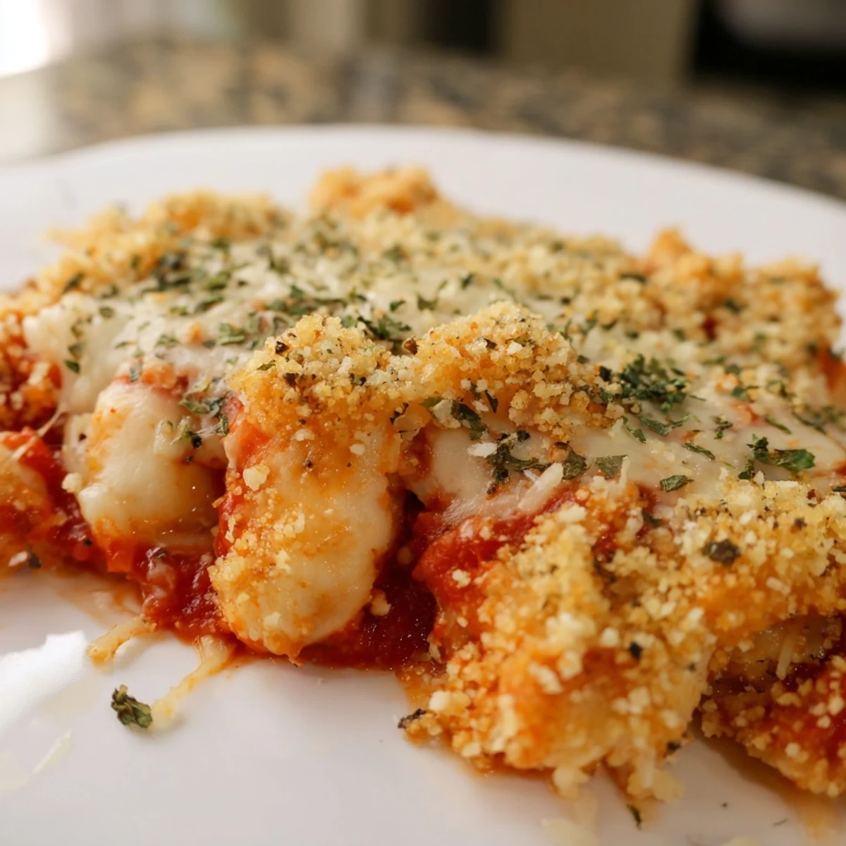 Fork-tender chicken pieces swim in rich marinara, topped with golden panko breadcrumbs and melted mozzarella in this Chicken Parmesan Casserole.