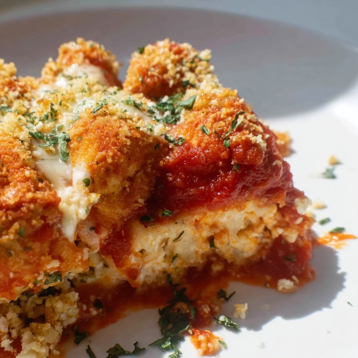 Golden Parmesan and mozzarella cheese pull apart over saucy chicken beneath a crispy panko crust in this casserole.