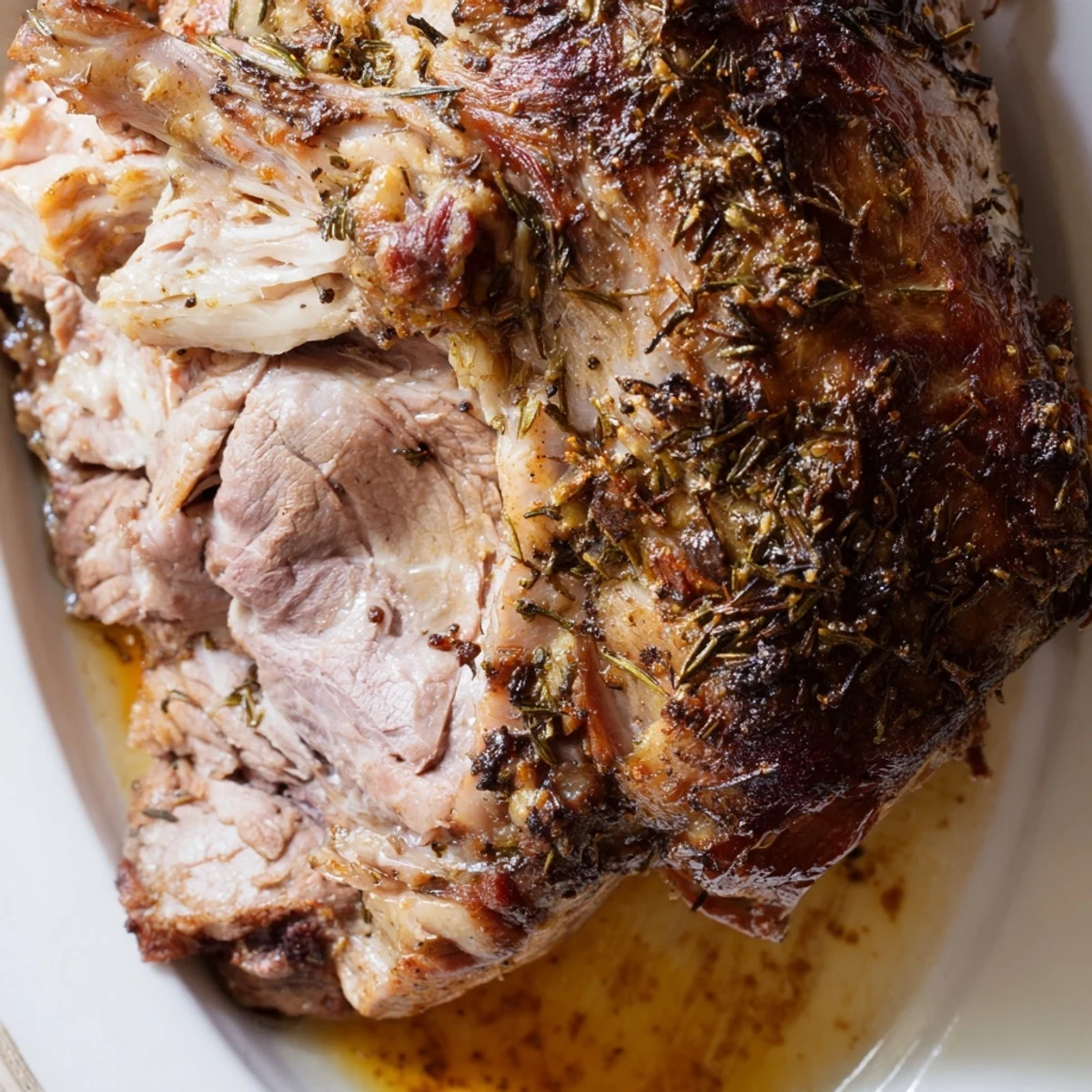 Slow roasted lamb shoulder with herbs, pulled apart to reveal tender meat and served with roasted root vegetables and pan juices.