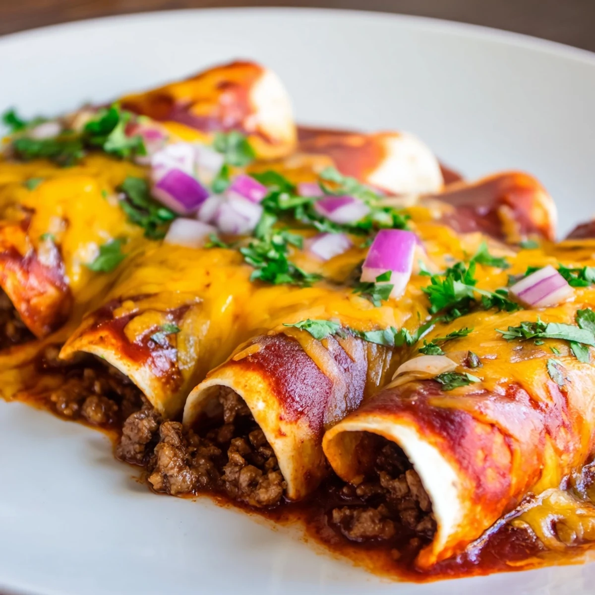 Freshly baked Beef Enchiladas with Homemade Red Sauce, topped with melted cheese and fresh cilantro, served hot.