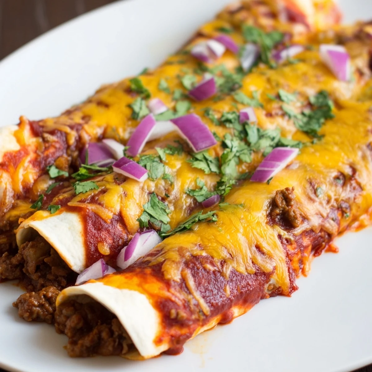 Plated Beef Enchiladas with Homemade Red Sauce, garnished with cilantro and red onion, ready to serve.