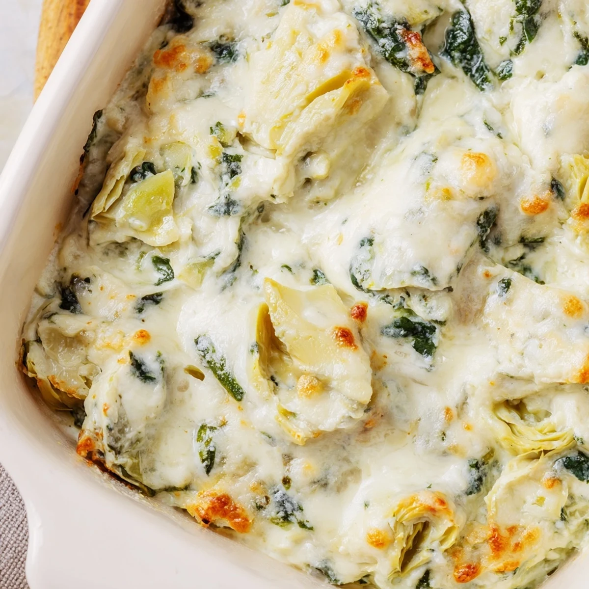 Golden, bubbling Cheesy Spinach and Artichoke Dip is served warm with crisp, toasted baguette slices, ready for dipping at a cozy gathering.