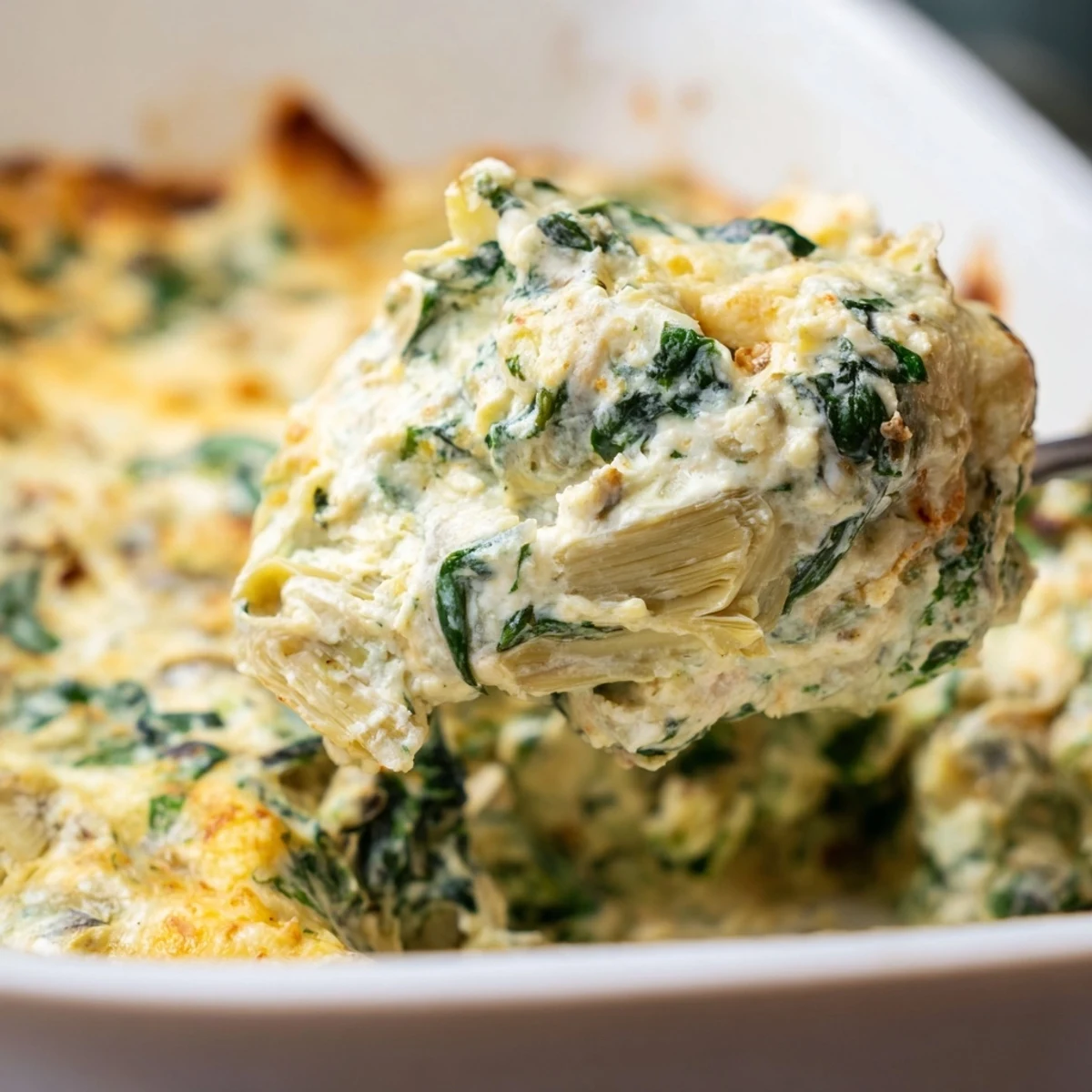 A spoonful of hot, savory dip sits on a toasted baguette slice, steam rising as the golden cheese stretches.