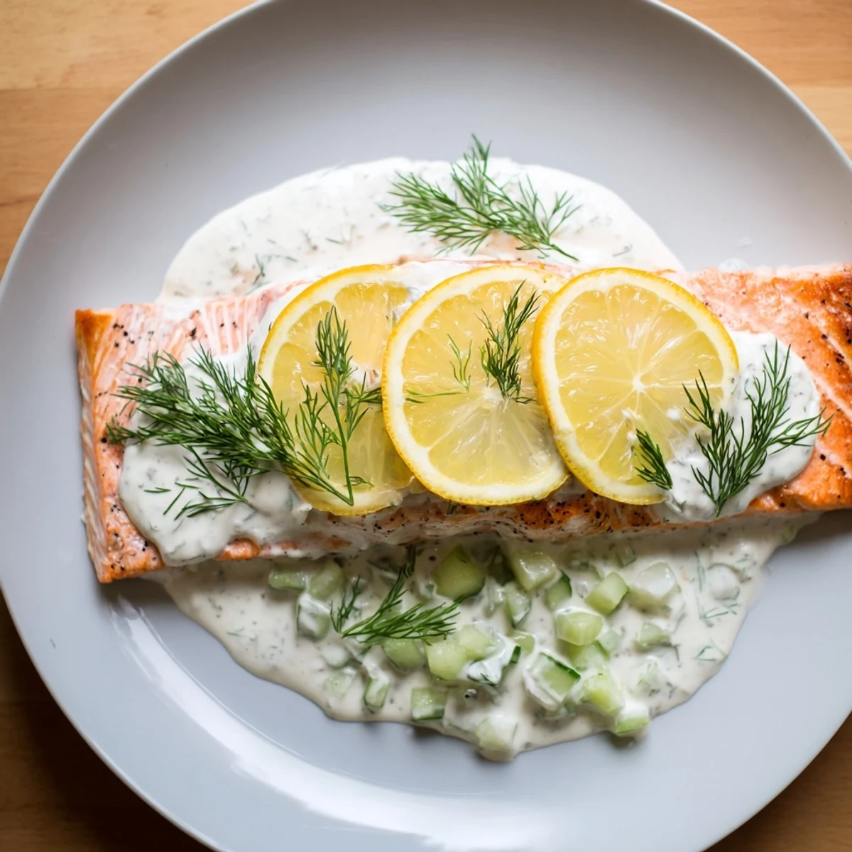 Freshly baked Baked Salmon with Dill and Cucumber Yogurt fillets topped with creamy sauce and lemon slices on a white plate.