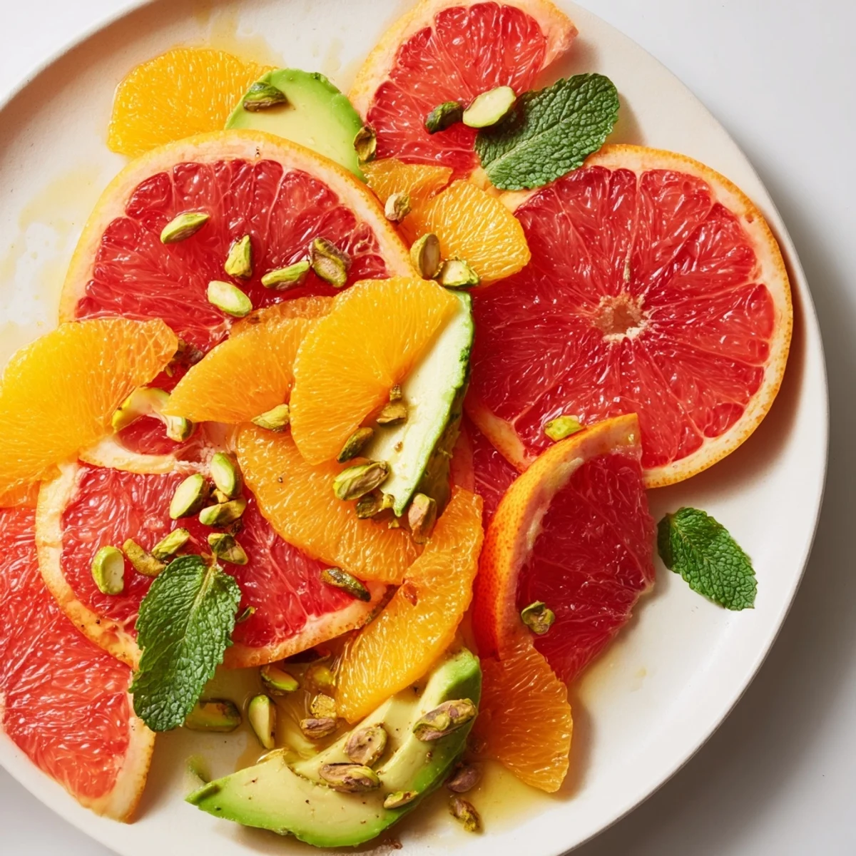 Freshly sliced Winter Citrus Salad with Avocado and Mint arranged on a platter, glistening with zesty olive oil dressing.