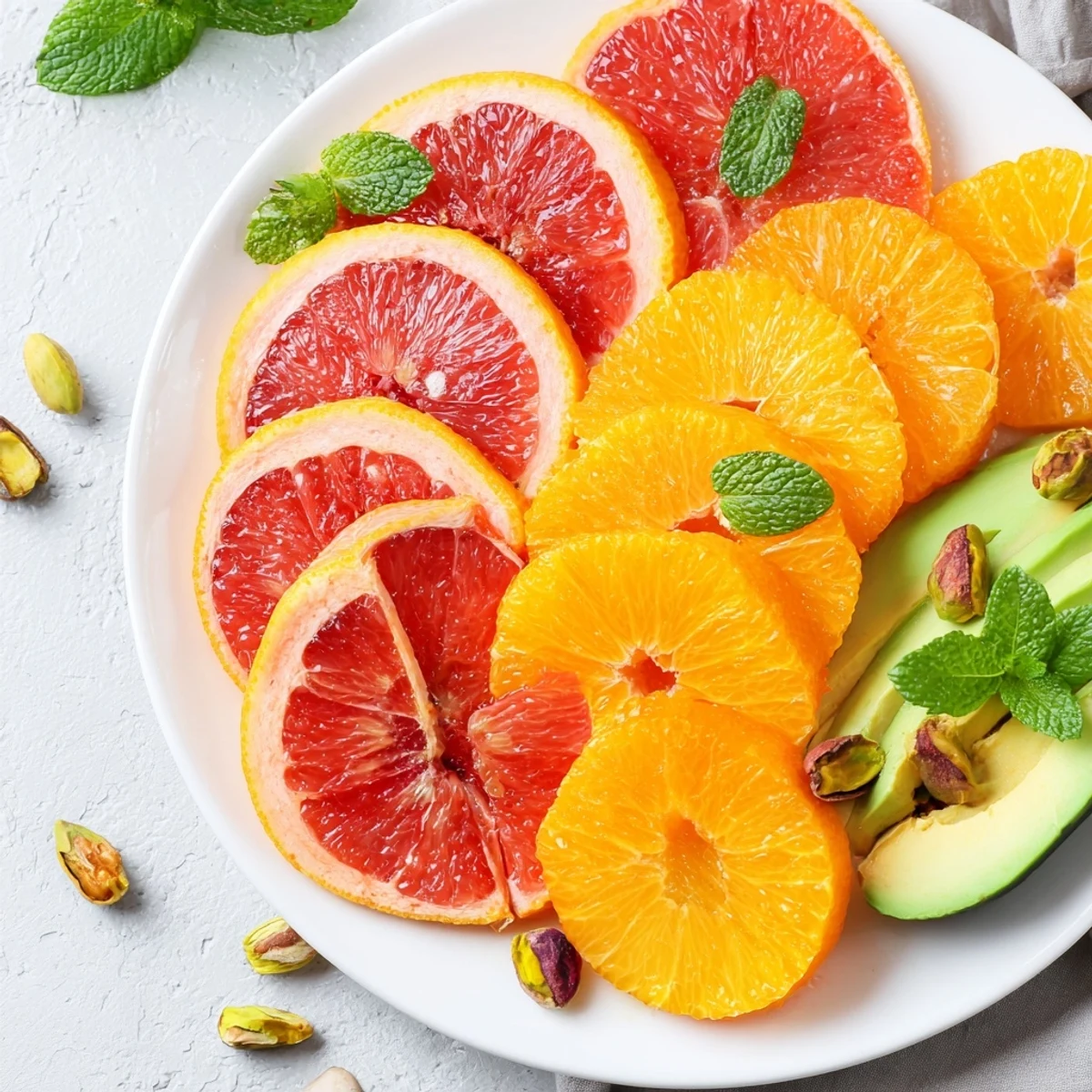 Winter Citrus Salad with Avocado and Mint plated beside a glass of white wine, showcasing vibrant blood oranges and pistachios.