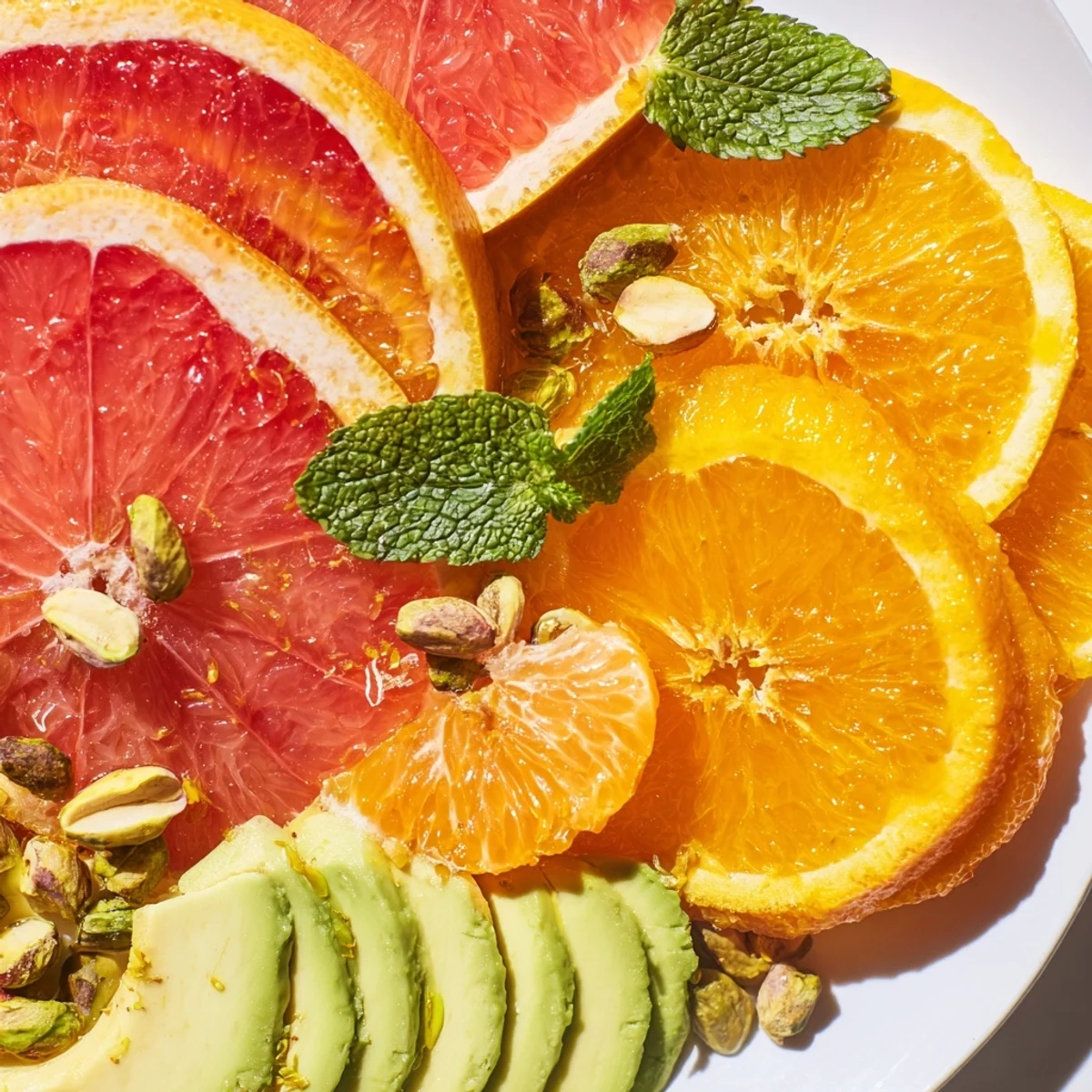 A close-up of Winter Citrus Salad with Avocado and Mint highlighting creamy avocado slices and fresh mint leaves on citrus rounds.