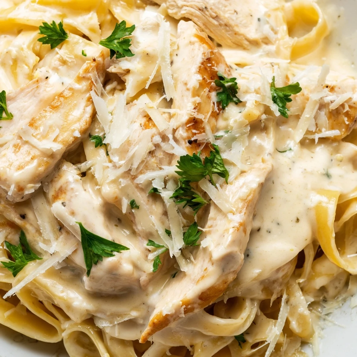 Creamy Chicken Alfredo with tender sautéed chicken tossed in rich Parmesan sauce over fettuccine.