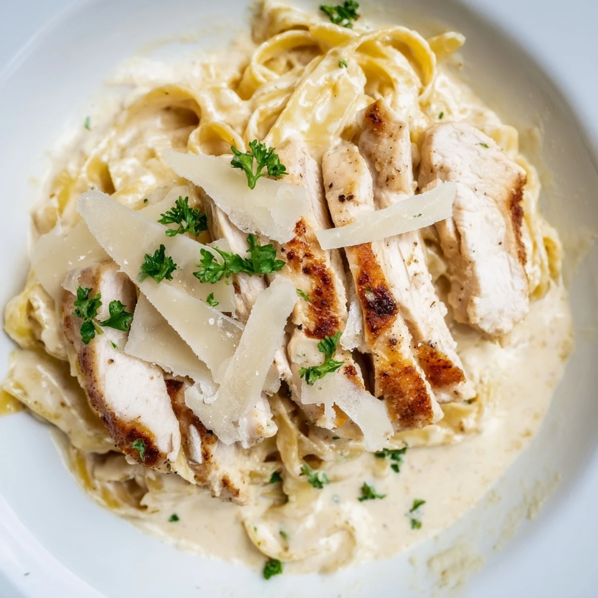 Served hot garnished with chopped parsley and extra Parmesan, paired with white wine on the side.