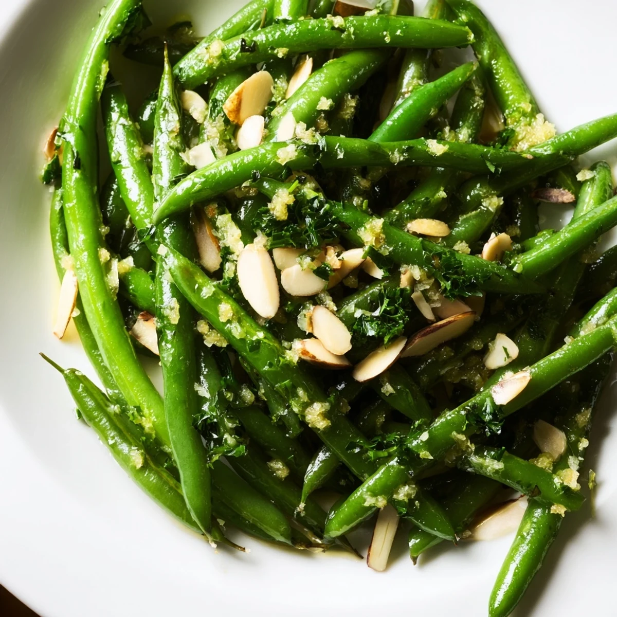 Crisp green beans glistening with fresh lemon zest and olive oil, topped with chopped parsley and toasted almonds.