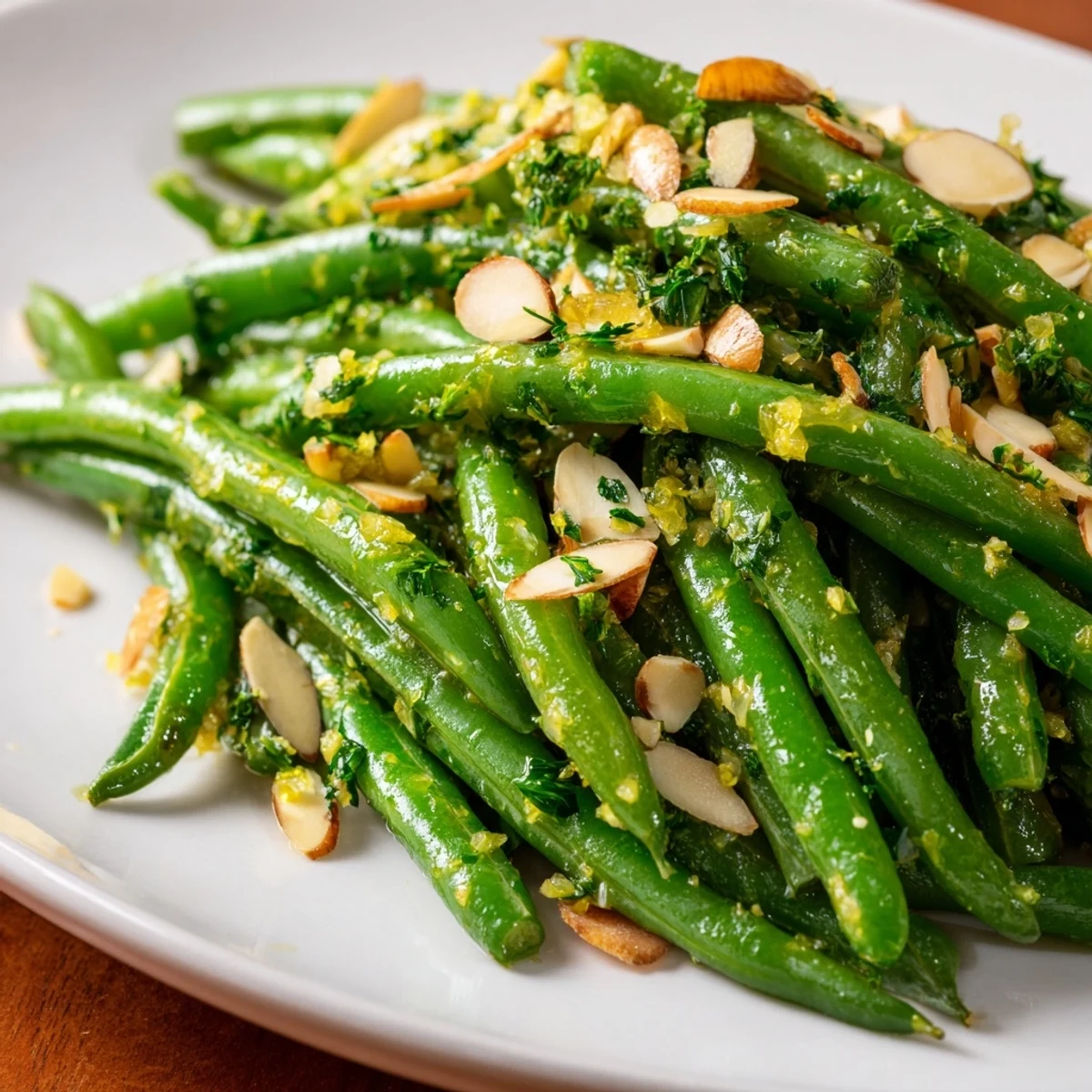 Perfectly cooked bright green beans tossed in a lemony garlic dressing, served warm alongside grilled chicken for dinner.