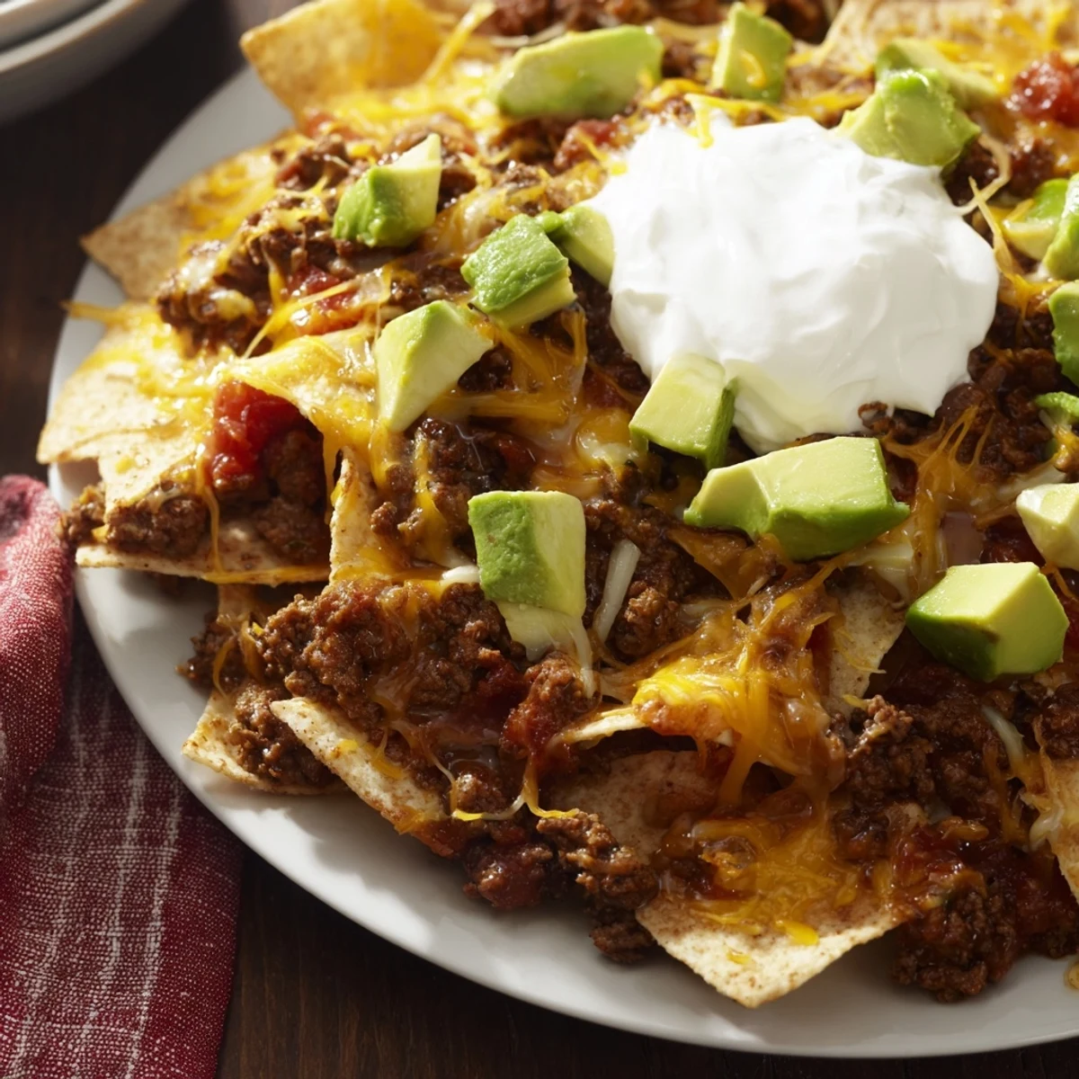 Golden-brown melted cheese covers seasoned ground beef and crispy tortilla chips on this Beef Nacho Platter.