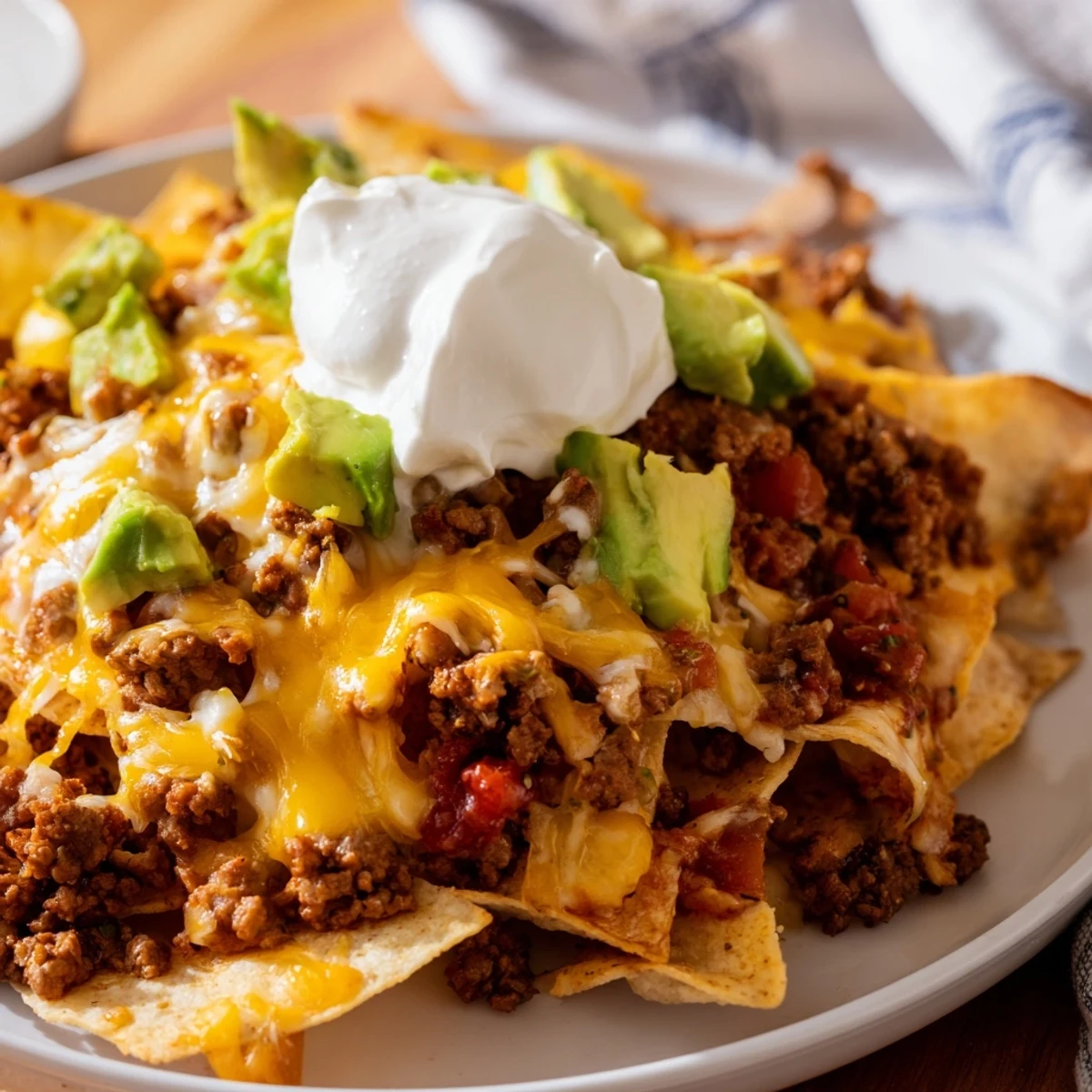 A steaming Beef Nacho Platter topped with fresh avocado, jalapeños, sour cream, and chopped cilantro.