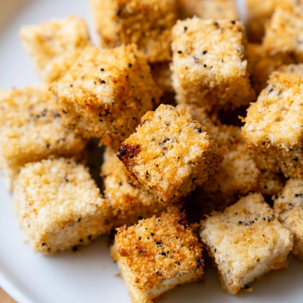 Golden-brown Crispy Tofu Bites fresh out of the skillet, served with a creamy dipping sauce.