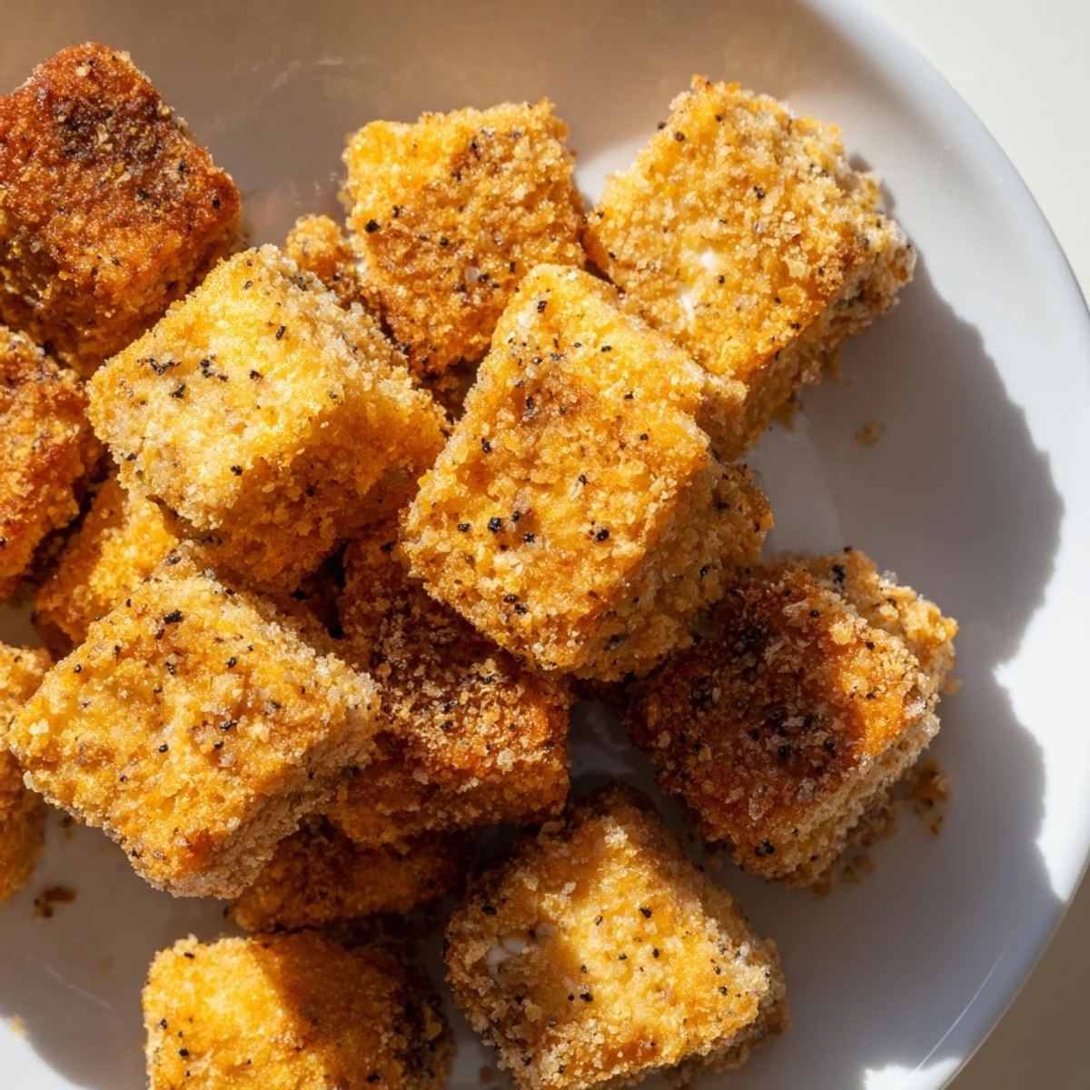 Perfectly fried Crispy Tofu Bites ready to enjoy as a high-protein vegan snack.