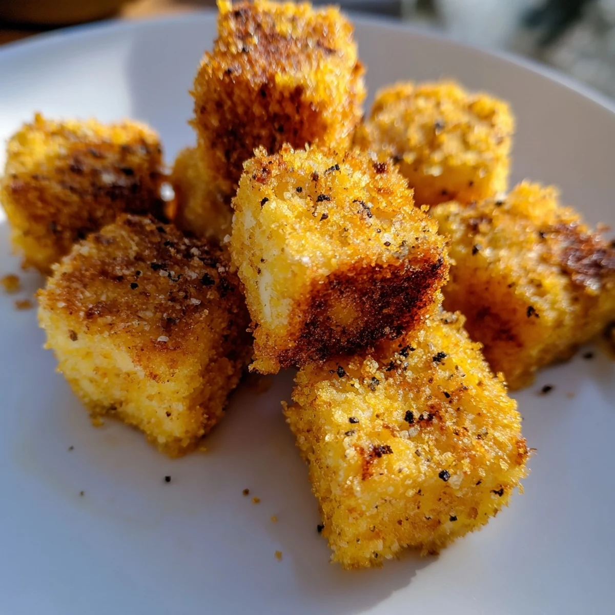 Golden, crunchy Crispy Tofu Bites arranged on a plate with fresh lime and herbs.
