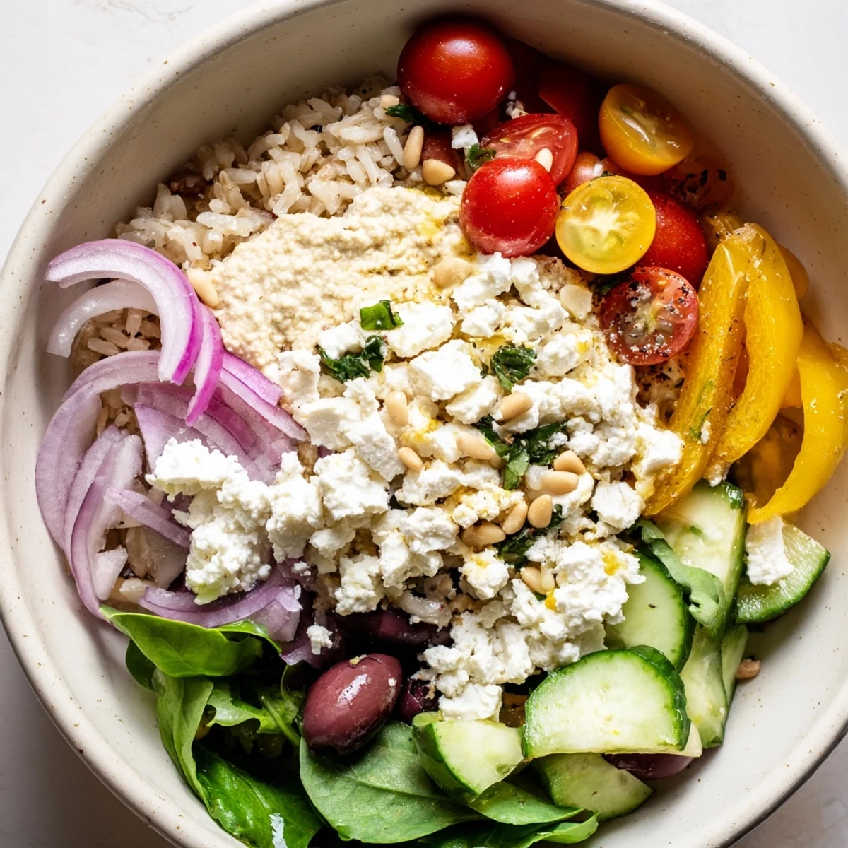 A vibrant Mediterranean Hummus Bowl with creamy hummus, cherry tomatoes, cucumber, and Kalamata olives.